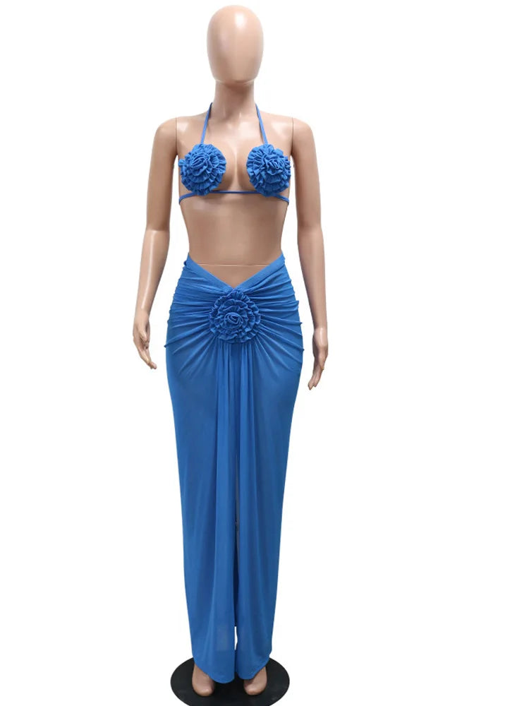 Beyprern Women's Royal Blue 3D Flower Bikini Set 3 Pieces Outfits Summer Sheer Mesh Blossmed Ruched Dress Cover-Up Set Swimsuits