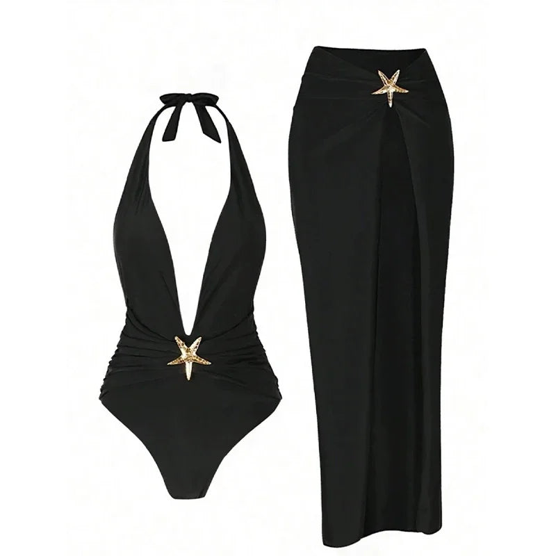 Women’s 2025 Halter Starfish Bikini Set – Deep V‑Neck Swimsuit with Side‑Split Skirt Beachwear