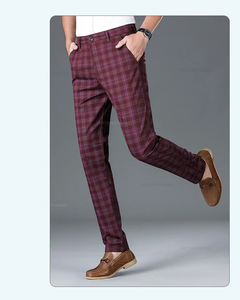 Slim‑Fit Plaid Cotton Pants