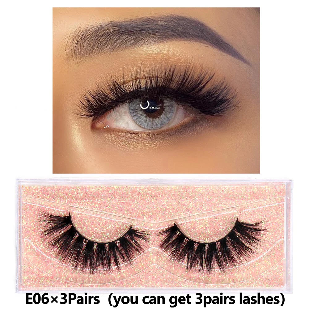 FOXESJI 3Pairs 3D Mink Lashes Fluffy Wispy Soft Corss Mink Fake Eyelashes Reusable Lash Extension Thick False Eyelashes Makeup