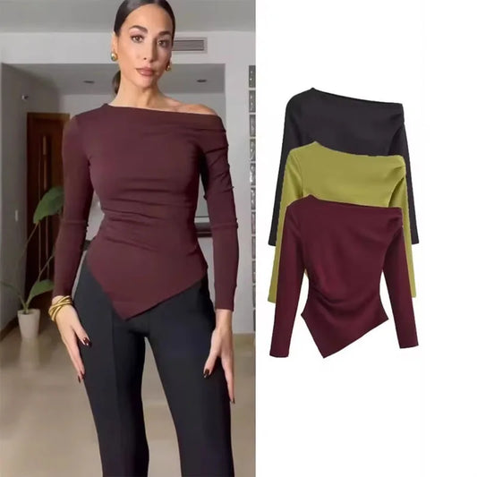 Women’s One‑Shoulder Asymmetrical Long‑Sleeve Y2K Top – HXAO Off‑Shoulder Summer T‑Shirt