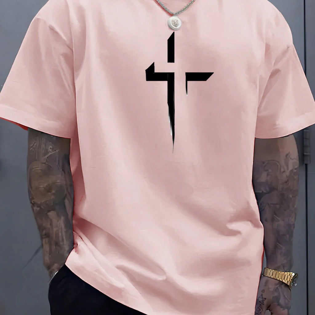Men’s 100% Cotton Cross‑Print T‑Shirt – Loose Plus‑Size Summer Sports Tee | Comfortable Round‑Neck Casual Top