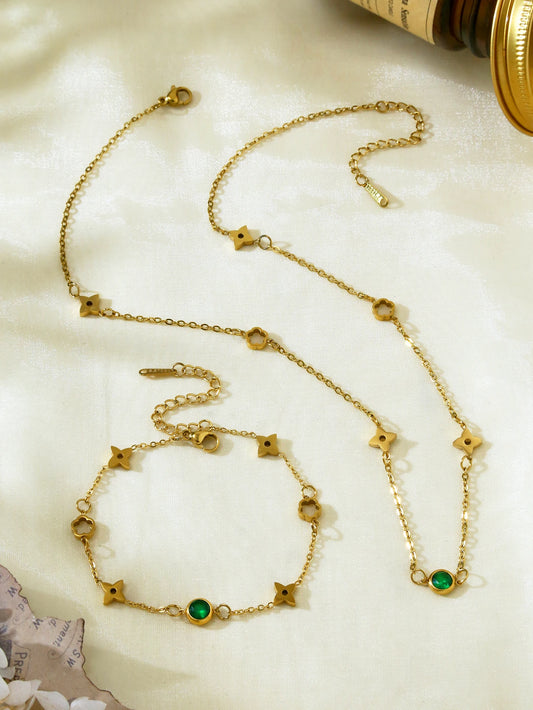 1 piece 18k gold plated fashion light luxury stainless steel lucky flower inlaid green zirconia necklace bracelet ladies jewelry