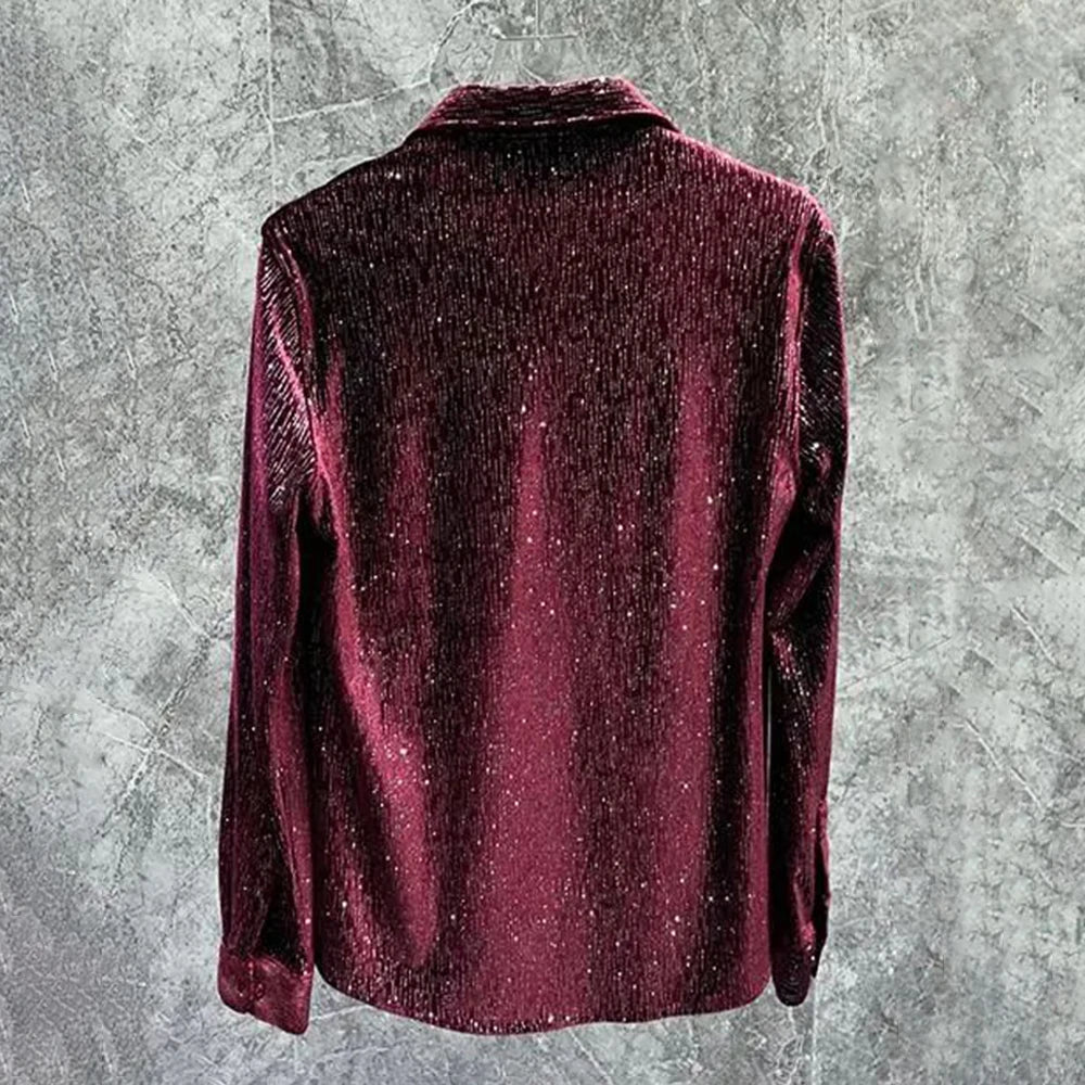 Gold Velvet Shiny Long‑Sleeve Shirt