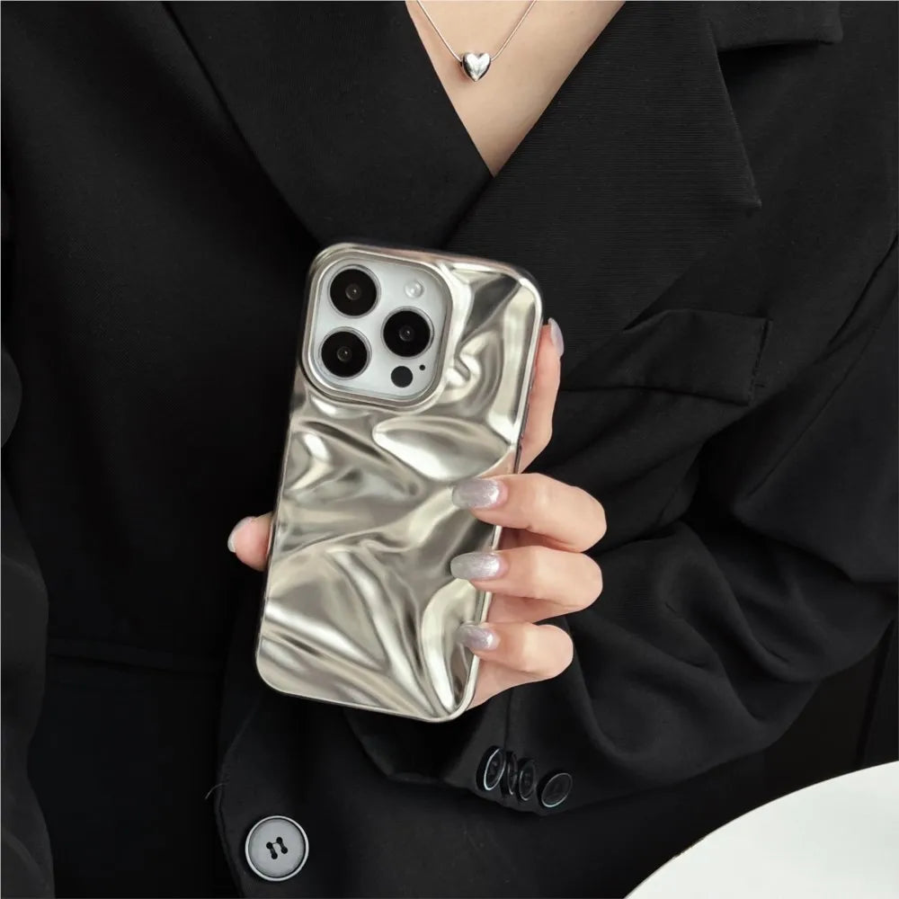 Luxury Matte Silver Water Ripple Phone Case For iPhone 16 15 14 Plus 13 12 Pro Max 11 Creative Frosted Wrinkle Shockproof Cover