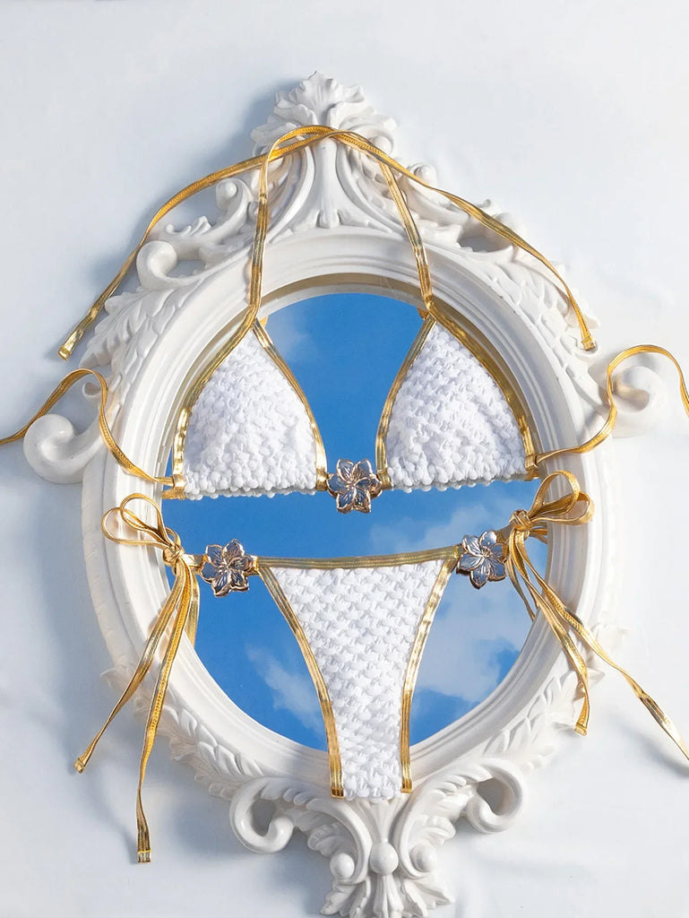 2026 Sexy White & Gold Contrast Bikini — Metal Starfish Push‑Up Triangle Micro Swimsuit for Women