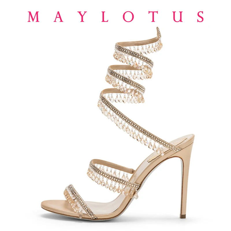 2025 Spring/Summer New Water Diamond Jewel Wrist Wrapped Snake-shaped High Heel Sandals Sexy Large Size Shoe Girl Women Sandals
