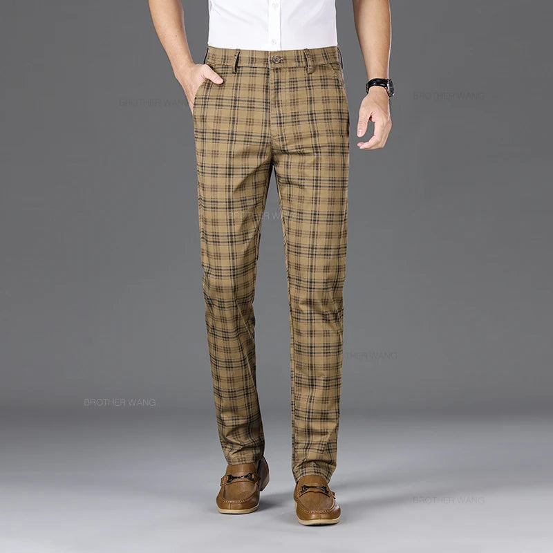 Slim‑Fit Plaid Cotton Pants