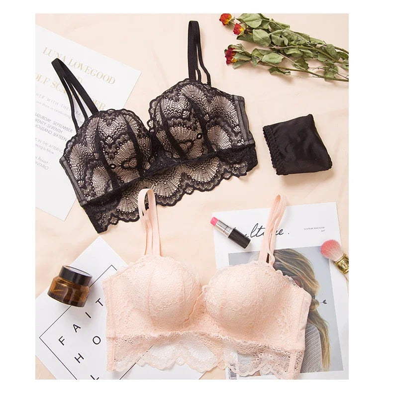 Sexy Push Up Bra Lingerie Set - Comfortable Wireless Lace Underwear, Massage Palm Cup for Lift, 75C/80C/85C