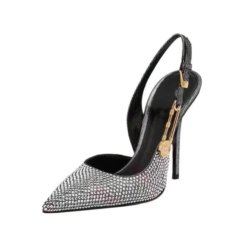 Bling Diamond High Heels Women 2025 Spring Pumps New Pointy Head After Empty Sexy Metal Girl Temperament Baotou French Sandals