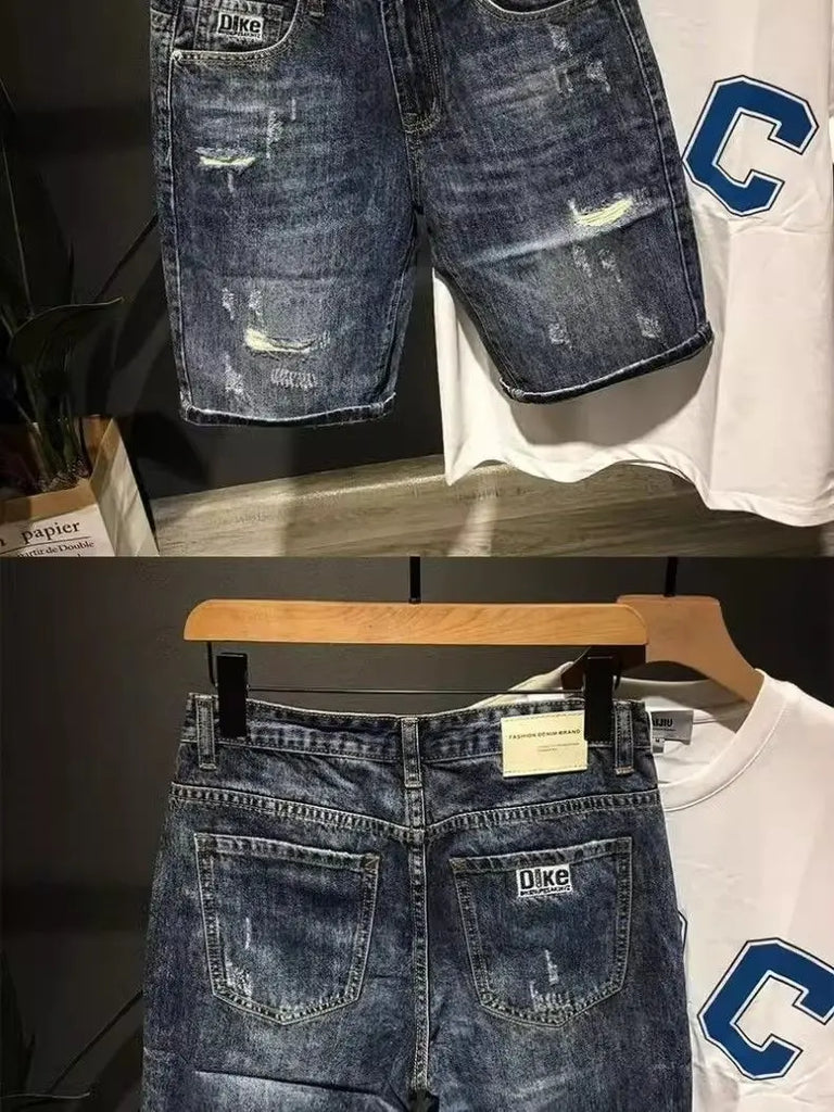 High-end 2025 New Luxury Clothing Trendy Men's Denim Shorts Loose Straight Ripped Hole Distressed Washed Cargo Short Pants