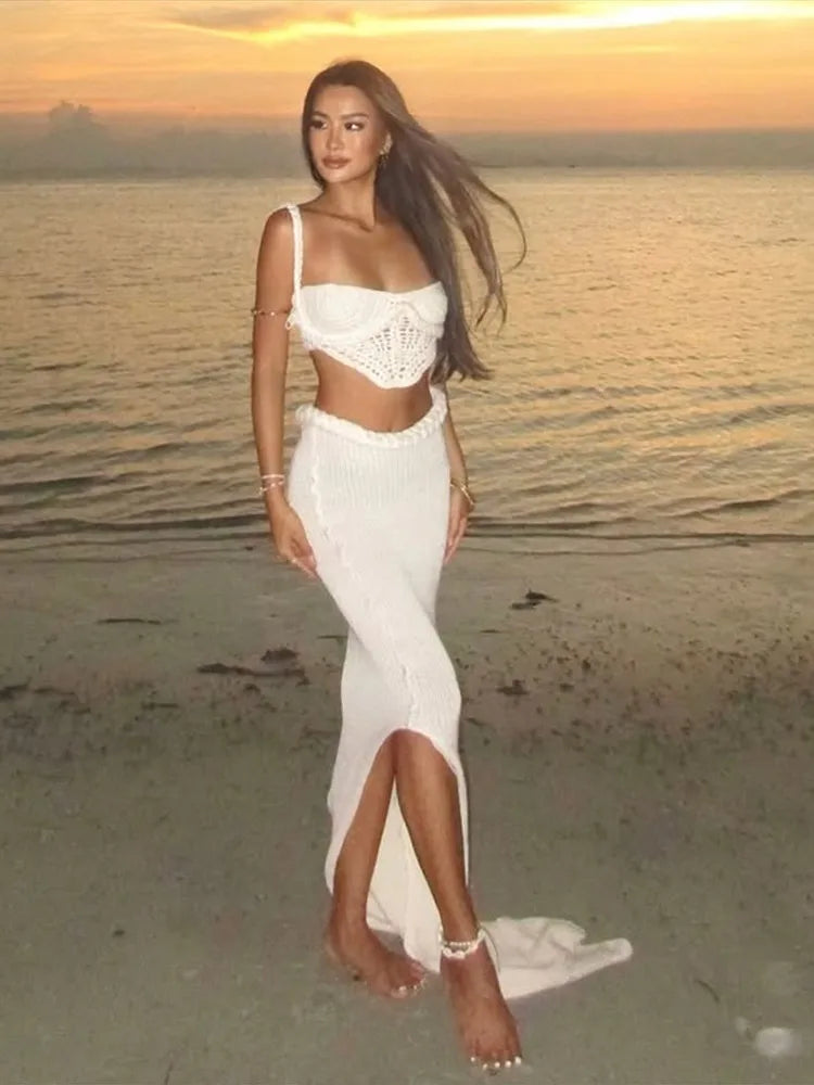 Women’s Crochet Halter Bikini Top & Fishtail Skirt Set – Hollow‑Out Backless Beachwear Outfit