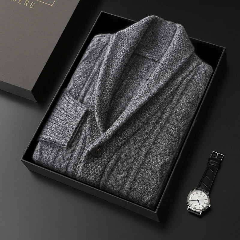 Autumn Winter Men 100% Merino Wool knitted Cashmere Sweater Thick Jacquard Coat Turn-Down Collar Cardigan Smart Casual Chic Tops