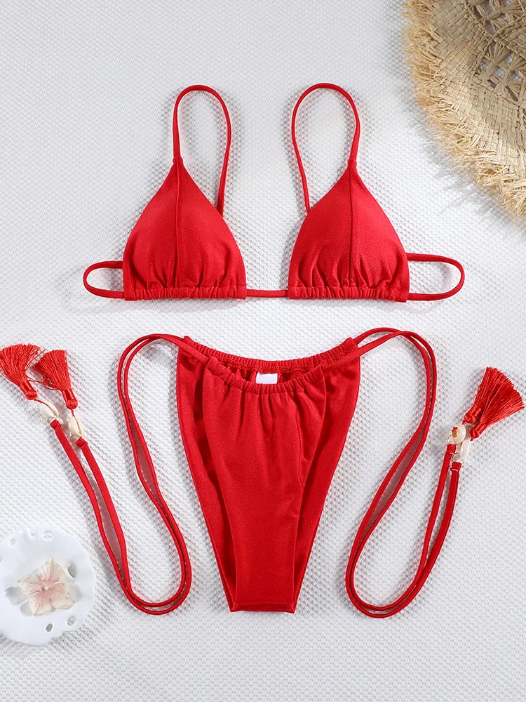 Women’s Zrtak Tie‑Waist Push‑Up Bikini – Solid High‑Cut Thong Swimsuit Set 2026