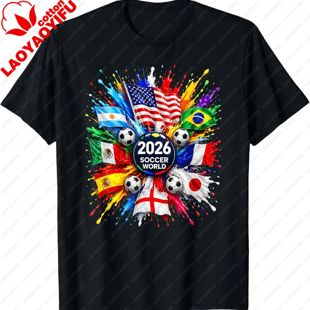 Men’s 2026 Soccer T‑Shirt — World Flag Color Splash Football Print Crew Neck Tee