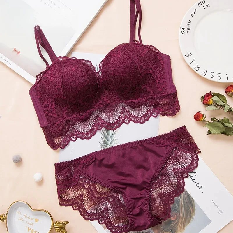 Sexy Push Up Bra Lingerie Set - Comfortable Wireless Lace Underwear, Massage Palm Cup for Lift, 75C/80C/85C
