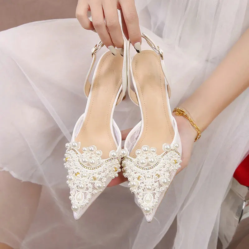2025 White Wedding Shoes Bridesmaid Shoes Women's Lace Shoes Fashion High Heels Pearl Pumps