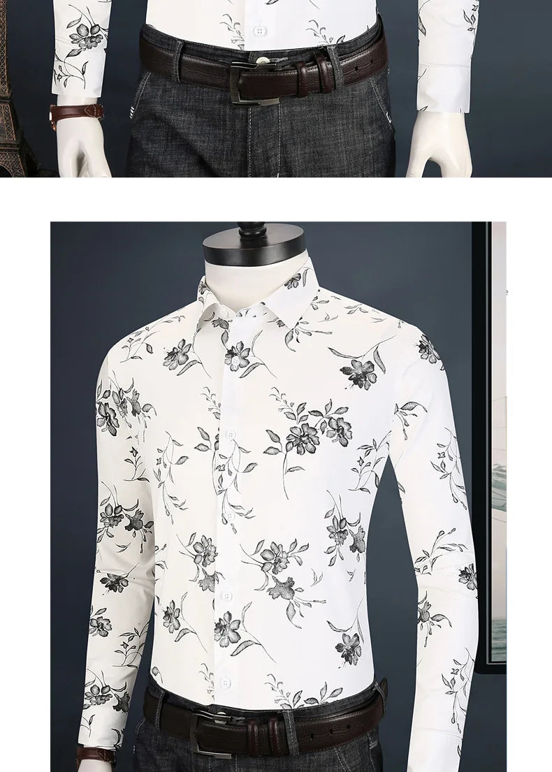 Men Long Sleeve Floral Print Shirt Brand Casual Fashion Button Up Printed Flower Shirts Dress Men Slim Fit Thin Clothing