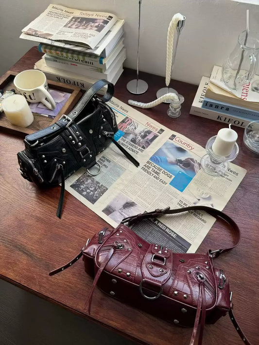 Women's Y2k Studded PU Leather Shoulder Purse Gothic Punk Vintage Rivet Handbag Black Bag with Spikes Luxury Underarm Bags