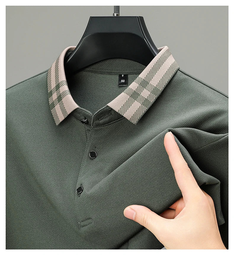 Men’s Light‑Luxury Long‑Sleeve Striped Polo Shirt
