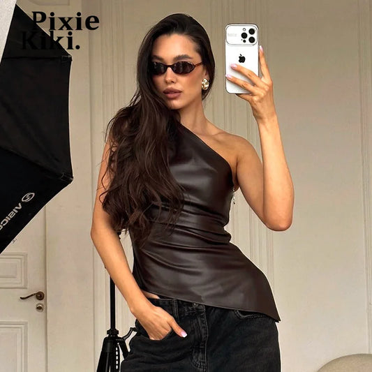 PixieKiki Fashion PU Leather Sleeveless T Shirts Side Zipper One Shoulder Asymmetrical Tops Women Clothing Fall 2024 C85-BH12