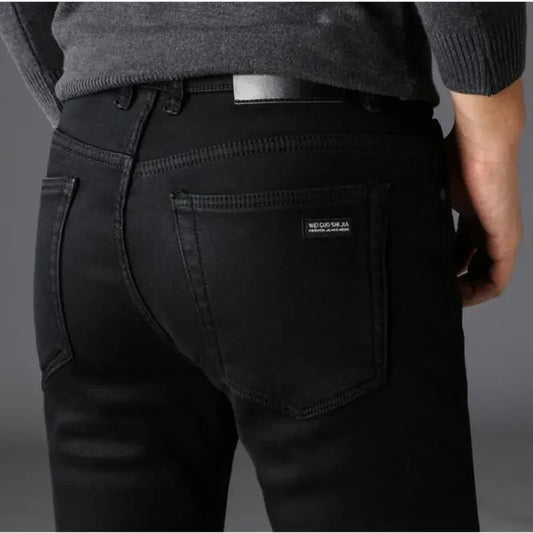Men’s Stretch Black Biker Jeans – Classic Spring/Autumn Soft Denim Pants | Fashion Slim/Regular Fit Trousers