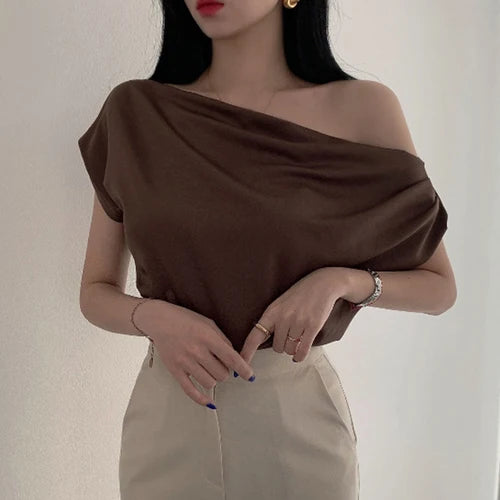 Temperament Off Shoulder Design Versatile Short Sleeve Pile Up Collar Shirt Slash Crop Top Blusas Mujer De Moda 2025 Slim Shirts