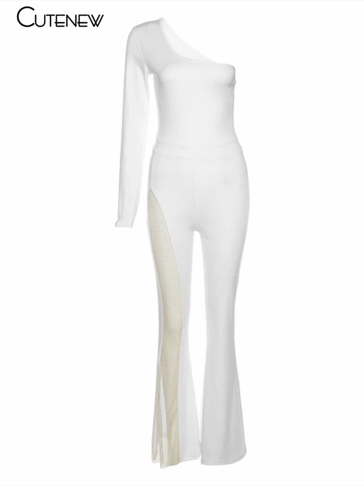 NIBBER Sexy Mesh Patchwork One Shoulder Playsuits Women Elegant Solid Skinny Flare Pants Jumpsuit Fashion Lady Party Streetwear