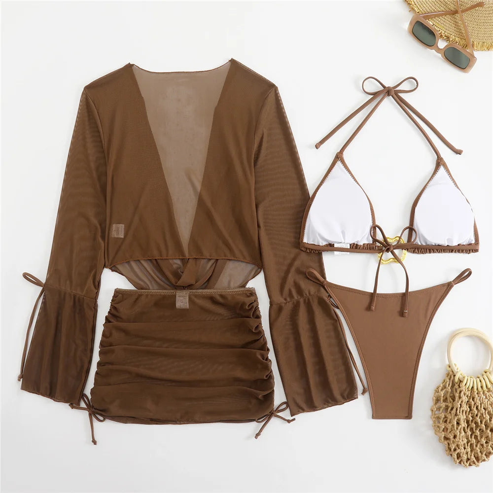 Women’s Brown Halter String Triangle Bikini Set — 4‑Piece Mesh Smock Cover‑Up Swimwear with Metal Ring Details