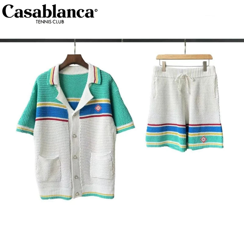 CASABLANCA T Shirt 100% Cotton Color Matching Summer Men's Summer Set Beach Short Sleeve Round Neck T-shirt Women Two-piece Set