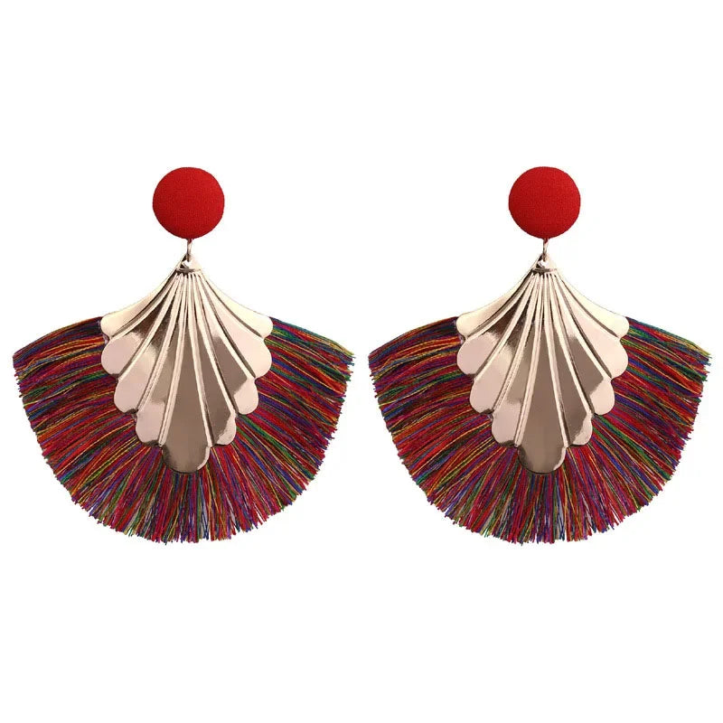 FSUNION 2025 New Bohemia Fan Shaped Tassel Earrings For Women Exaggerated Big Statement Fringed  Vintage Dangle