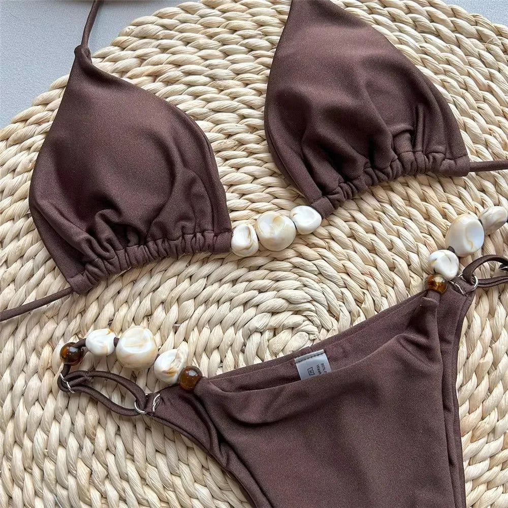 Solid Green Sexy Halter Triangle Beaded Micro Bikini