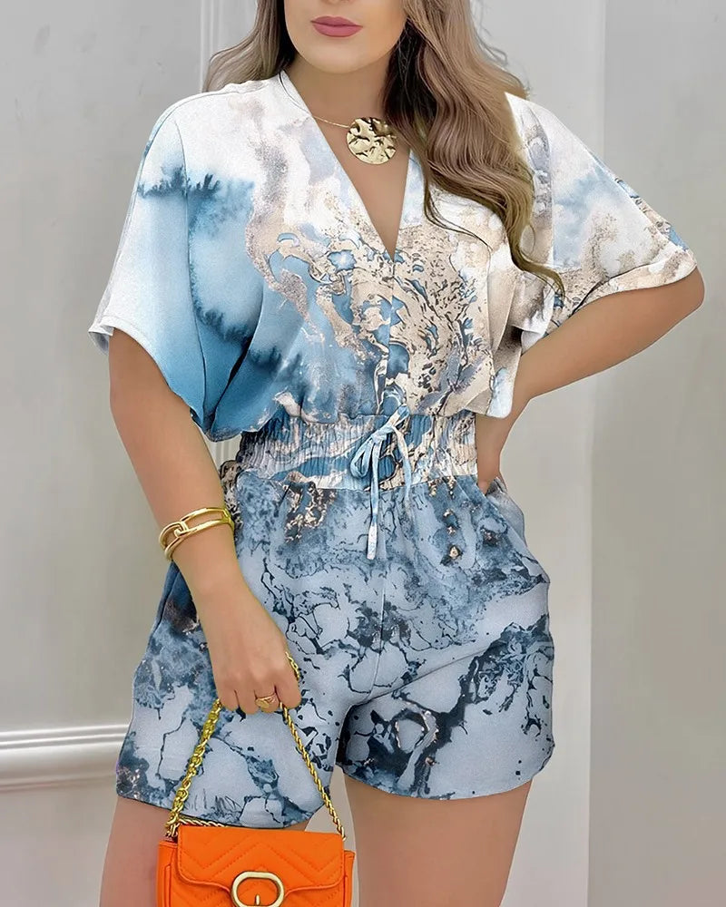Jumpsuit Women Summer Women Loose Casual Printing Jumpsuit 2024Elegant Women Fashion V-neck Short Sleeve Waist Shorts Jumpsuit