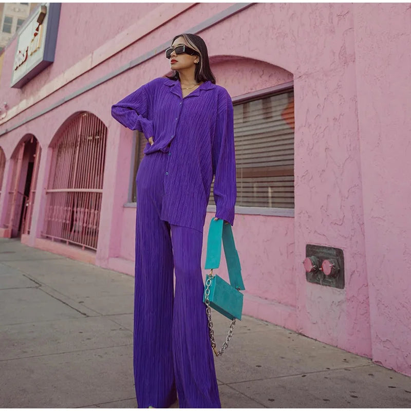 CM.YAYA Street Women's Set Long Sleeve Shirt Tops and Wide Leg Pants Elegant Tracksuit Two Piece Set Sweatsuit Fitness Outfits