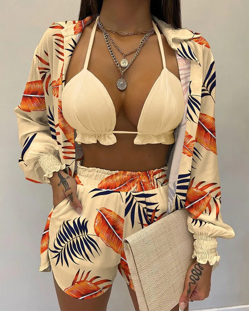 Women’s 2024 High‑Waist 3‑Piece Bikini Set – Printed Swimsuit with Shorts Cover‑Up Summer Beachwear