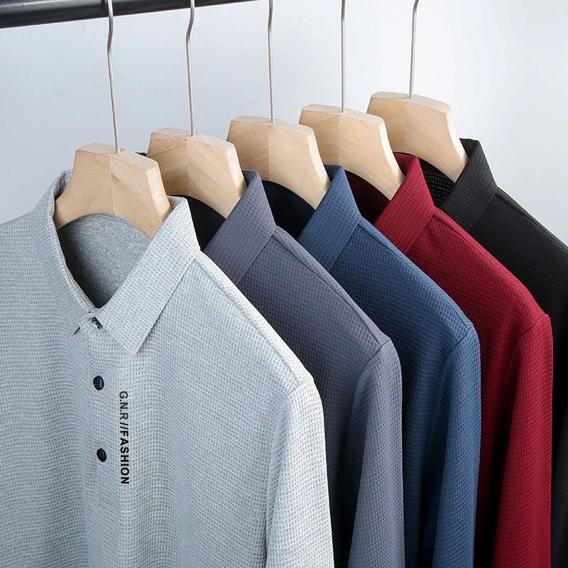 Waffle Knit Long‑Sleeve Polo Shirt
