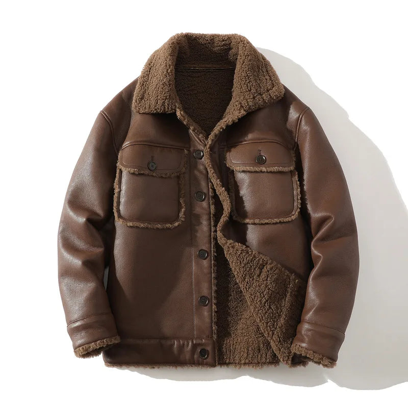 Schinteon Men Suede Leather Jacket Autumn Winter Warm Thick Casual Outwear Faux Lamb Wool Fur Solid Color Turn-down Collar Coat