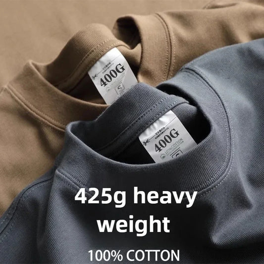 Heavyweight 425g Men’s Cotton T‑Shirt — Breathable Half Sleeve Round Neck Basic Top