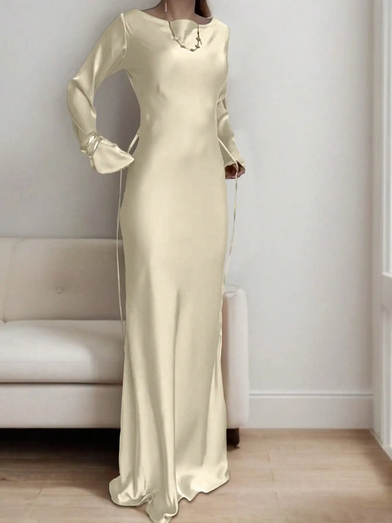 Women’s Bespoke Satin Maxi Dress – Corset Waist Tie, Round Neck & Flared Sleeves | Luxury Evening Gown 2026