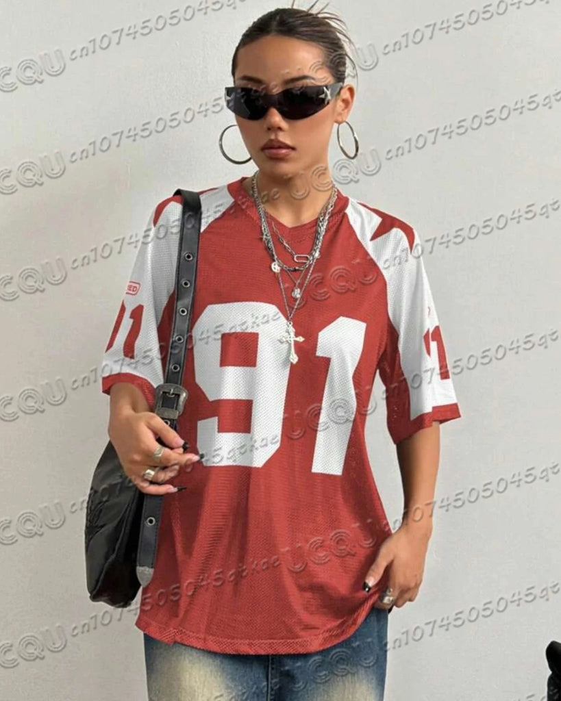 Oversized T-shirt For Women V-Neck Short Sleeve Summer Patchwork Speed 91 Printed Streetwear Tops Casual Football Jersey Y2k Tee