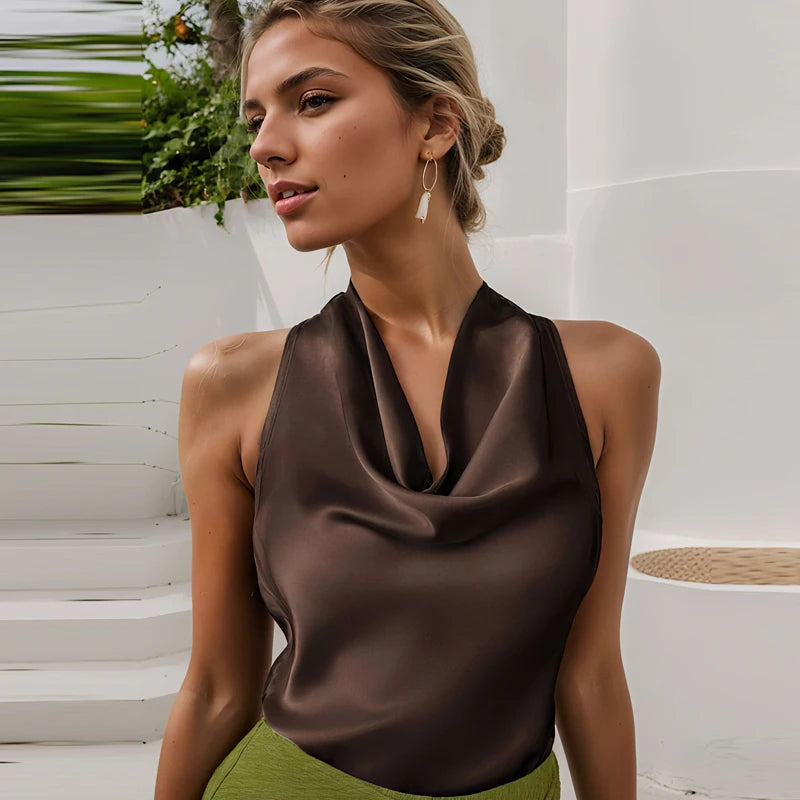 Women’s Satin Halter Backless Corset Top – Elegant Summer Sleeveless Tank in Yellow, Pink, Black