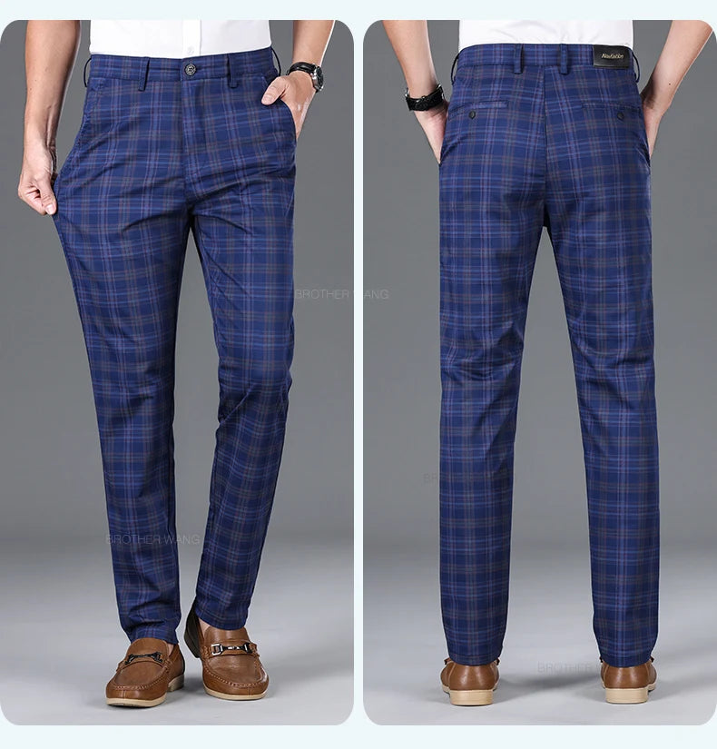 Slim‑Fit Plaid Cotton Pants