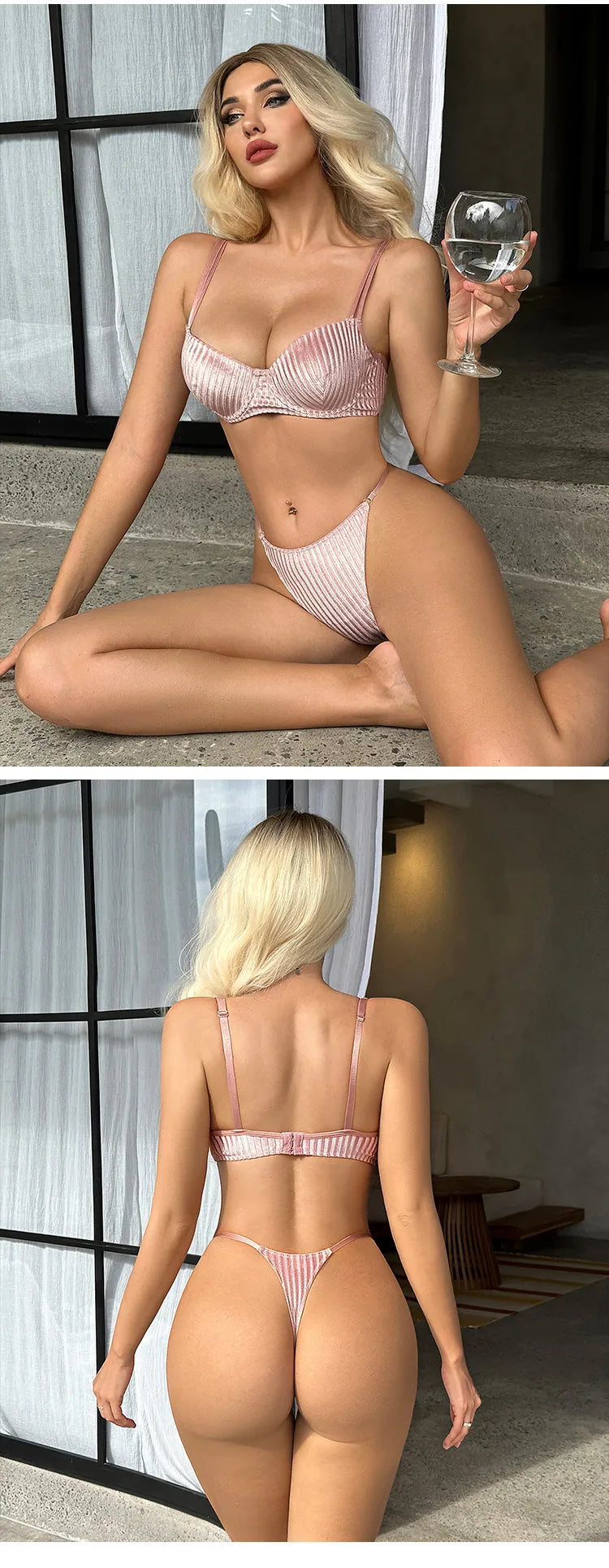 V‑Shape Underwire Ribbed Bra & Brief/Thong Set