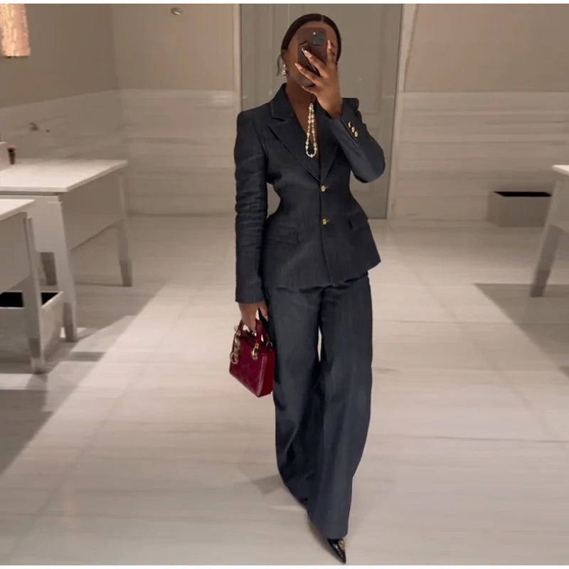 Elegant Denim Blazer Vest Pants Set Women Single-breasted V-Neck Suit Coat Strapless Tanks Straight Leg Jeans 2025 New Lady Suit