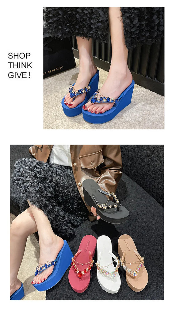 Women’s High Heeled Flip Flops — Diamond Slope Heel Slippers Elegant Beach Sandals