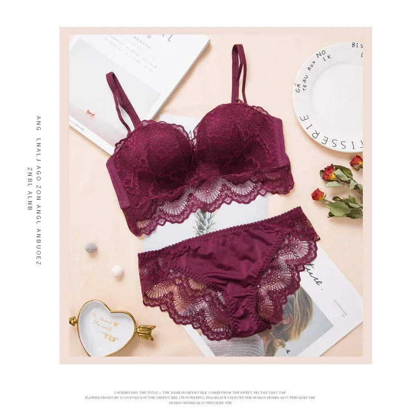 Sexy Push Up Bra Lingerie Set - Comfortable Wireless Lace Underwear, Massage Palm Cup for Lift, 75C/80C/85C