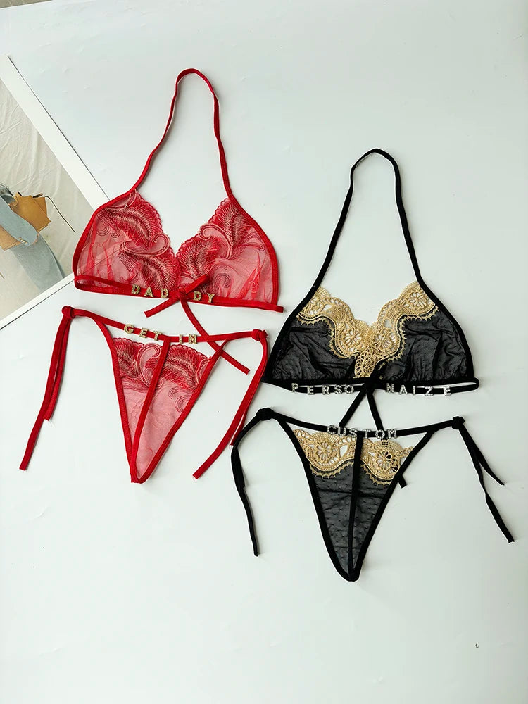Custom Name Crystal Letter Lace Lingerie Set
