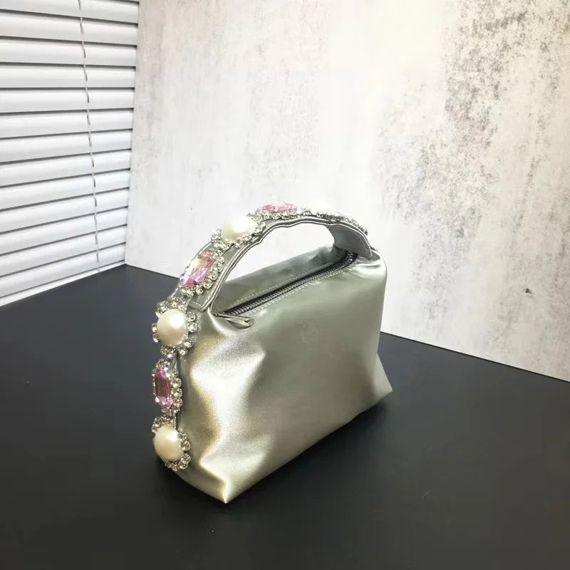 Luxury Designer Pearl Beaded Satin Hobo Bag Women Handbag Rhinestone Diamond Evening Bag Wedding Party Clutch Purse Shoulder Bag