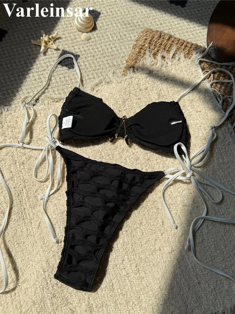 Women’s Metal Star High‑Cut Strappy Bikini – Sexy Two‑Piece Backless Swimsuit V6817