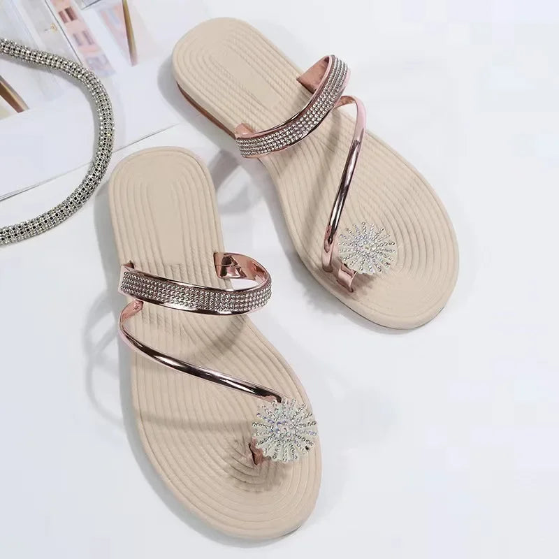 Women’s Luxury Rhinestone Flat Sandals — Summer Fashion Beach Slippers Designer‑Inspired Shoes